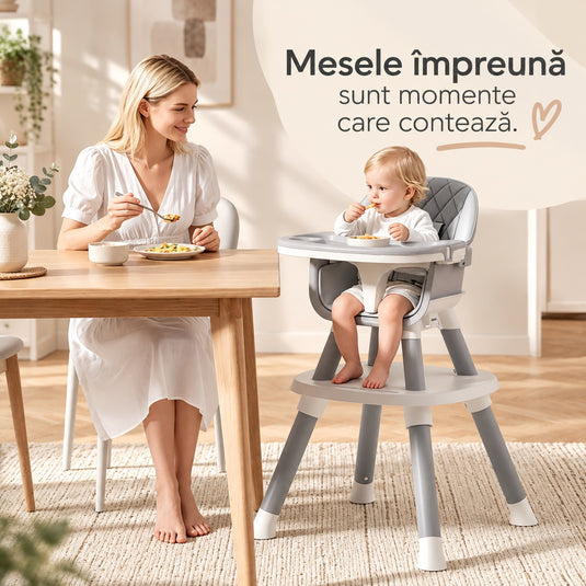 Scaun de Masa Bebe 7in1 ROVI™ MultiMod, Scaun Inalt, Booster, Scaun Jos, Masuta de Joaca, Activitati si Constructii, Tava Dubla cu 4 Pozitii, Centura de Siguranta, Design Anti-Rasturnare, Husa Moale Lavabila, 6 Luni-3 Ani, Muse Grey