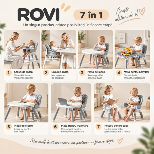 Scaun de Masa Bebe 7in1 ROVI™ MultiMod, Scaun Inalt, Booster, Scaun Jos, Masuta de Joaca, Activitati si Constructii, Tava Dubla cu 4 Pozitii, Centura de Siguranta, Design Anti-Rasturnare, Husa Moale Lavabila, 6 Luni-3 Ani, Muse Grey
