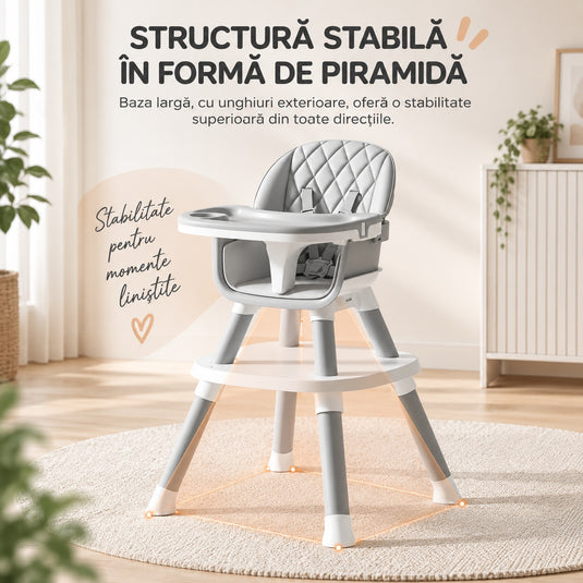 Scaun de Masa Bebe 7in1 ROVI™ MultiMod, Scaun Inalt, Booster, Scaun Jos, Masuta de Joaca, Activitati si Constructii, Tava Dubla cu 4 Pozitii, Centura de Siguranta, Design Anti-Rasturnare, Husa Moale Lavabila, 6 Luni-3 Ani, Muse Grey