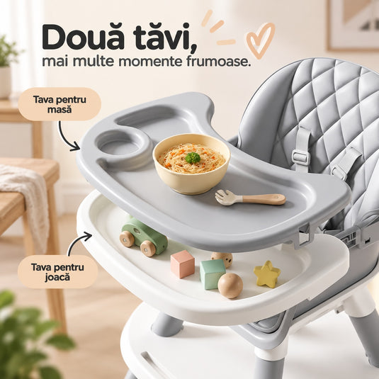 Scaun de Masa Bebe 7in1 ROVI™ MultiMod, Scaun Inalt, Booster, Scaun Jos, Masuta de Joaca, Activitati si Constructii, Tava Dubla cu 4 Pozitii, Centura de Siguranta, Design Anti-Rasturnare, Husa Moale Lavabila, 6 Luni-3 Ani, Muse Grey