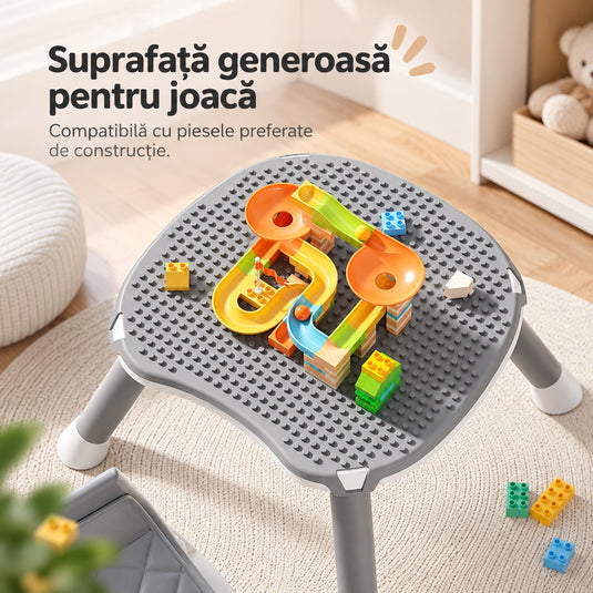 Scaun de Masa Bebe 7in1 ROVI™ MultiMod, Scaun Inalt, Booster, Scaun Jos, Masuta de Joaca, Activitati si Constructii, Tava Dubla cu 4 Pozitii, Centura de Siguranta, Design Anti-Rasturnare, Husa Moale Lavabila, 6 Luni-3 Ani, Muse Grey