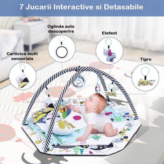 Centru de Activitati, Saltea si Tarc de Joaca, 3in1, PlayBeBe, KinderVibe™, cu Perna, 20 de Bile Colorate, 7 Jucarii, Arcade, Lavabil, Multicolor