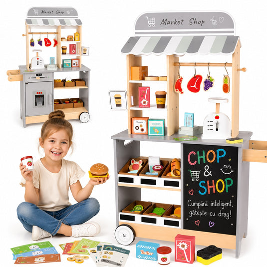 Bucatarie si Supermarket 2in1 din Lemn pentru Copii Chop&Shop™ Double Play cu 42 de Accesorii, Dozator de Gheata cu Sunete si Lumini, Tabla pentru Desen si Scris, Casa de Marcat, Rafturi si Spatii de Depozitare, Roti si Maner, 106 Cm Inaltime, Muffin Grey