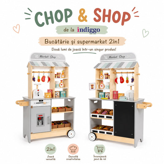 Bucatarie si Supermarket 2in1 din Lemn pentru Copii Chop&Shop™ Double Play cu 42 de Accesorii, Dozator de Gheata cu Sunete si Lumini, Tabla pentru Desen si Scris, Casa de Marcat, Rafturi si Spatii de Depozitare, Roti si Maner, 106 Cm Inaltime, Muffin Grey