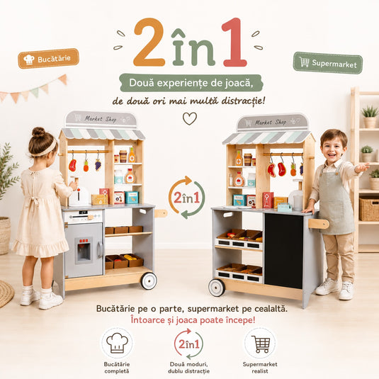 Bucătărie din lemn pentru copii cu supermarket, imaginea 3