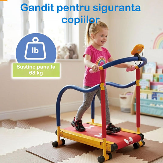 Banda de Alergare Copii MiniMotion™ RunMax, Sistem Auto-Propulsat, Ecran LED Viteza/Timp/Distanta, Manere SoftTouch cu Design Adaptiv, Platforma Antialunecare, Suprafata Protectie cu Model Interactiv, Capacitate 68Kg, MixPlay