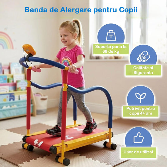 Banda de Alergare Copii MiniMotion™ RunMax, Sistem Auto-Propulsat, Ecran LED Viteza/Timp/Distanta, Manere SoftTouch cu Design Adaptiv, Platforma Antialunecare, Suprafata Protectie cu Model Interactiv, Capacitate 68Kg, MixPlay