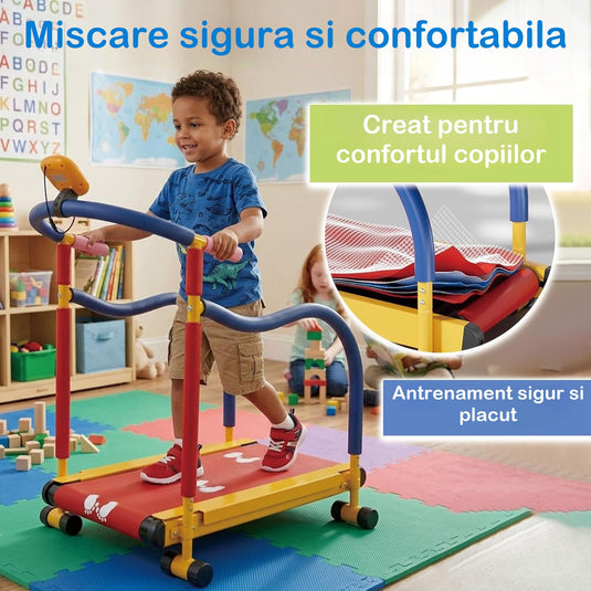 Banda de Alergare Copii MiniMotion™ RunMax, Sistem Auto-Propulsat, Ecran LED Viteza/Timp/Distanta, Manere SoftTouch cu Design Adaptiv, Platforma Antialunecare, Suprafata Protectie cu Model Interactiv, Capacitate 68Kg, MixPlay