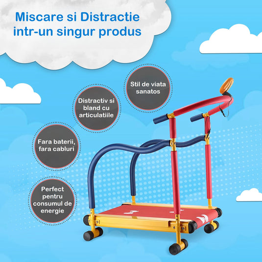 Banda de Alergare Copii MiniMotion™ RunMax, Sistem Auto-Propulsat, Ecran LED Viteza/Timp/Distanta, Manere SoftTouch cu Design Adaptiv, Platforma Antialunecare, Suprafata Protectie cu Model Interactiv, Capacitate 68Kg, MixPlay