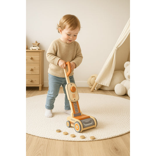 Jucarie din Lemn pentru Copii Dusty Cleaner Indiggo@, Aspirator Interactiv si Educativ, Include 6 Discuri din Lemn, 3 Ani+, Brown