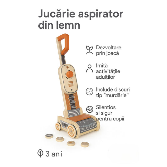 Jucarie din Lemn pentru Copii Dusty Cleaner Indiggo@, Aspirator Interactiv si Educativ, Include 6 Discuri din Lemn, 3 Ani+, Brown
