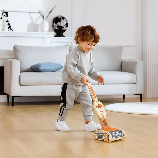 Jucarie din Lemn pentru Copii Dusty Cleaner Indiggo@, Aspirator Interactiv si Educativ, Include 6 Discuri din Lemn, 3 Ani+, Brown