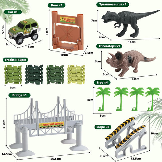 Set Circuit FlexiDino™ 144 Piese, Masinuta Off-Road cu Deplasare Automata, Doua Figurine T-Rex si Triceratops, Pod Suspendat, Palmieri, Poarta de Acces, Pista Interactiva, Tropical Green