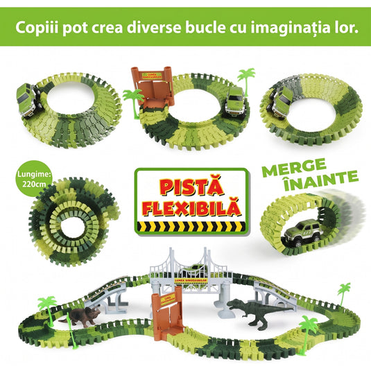 Set Circuit FlexiDino™ 144 Piese, Masinuta Off-Road cu Deplasare Automata, Doua Figurine T-Rex si Triceratops, Pod Suspendat, Palmieri, Poarta de Acces, Pista Interactiva, Tropical Green