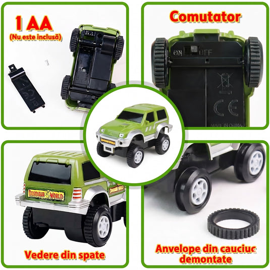 Set Circuit FlexiDino™ 144 Piese, Masinuta Off-Road cu Deplasare Automata, Doua Figurine T-Rex si Triceratops, Pod Suspendat, Palmieri, Poarta de Acces, Pista Interactiva, Tropical Green
