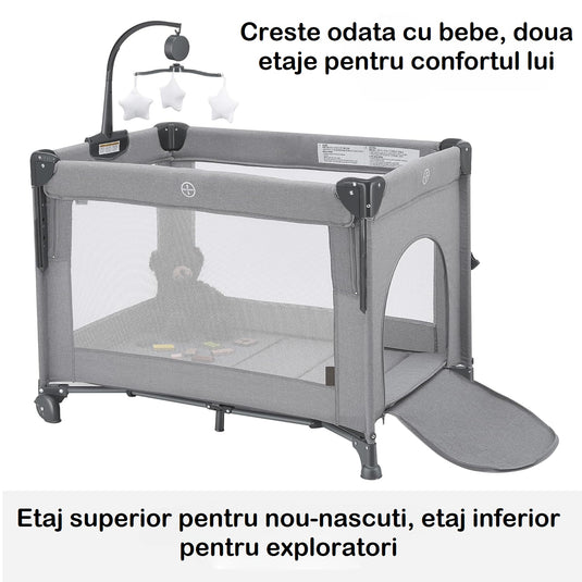 Patut Pliabil Co-Sleeper Kiddo™ HUG Laterala Glisanta Max Confort 2 Etaje, Tarc de Joaca, Plasa 360° Airflow View, Carusel Muzical Detasabil, Saltea Moale, Design Ranforsat, Intrare cu Fermoar, Roti Transport, Geanta Transport, Light Grey