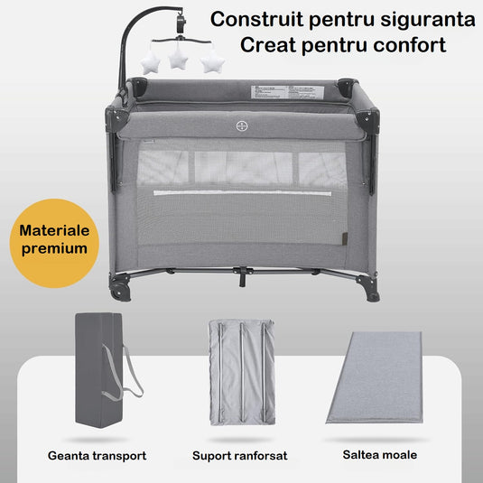 Patut Pliabil Co-Sleeper Kiddo™ HUG Laterala Glisanta Max Confort 2 Etaje, Tarc de Joaca, Plasa 360° Airflow View, Carusel Muzical Detasabil, Saltea Moale, Design Ranforsat, Intrare cu Fermoar, Roti Transport, Geanta Transport, Light Grey