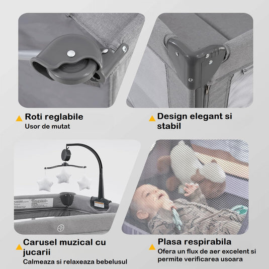 Patut Pliabil Co-Sleeper Kiddo™ HUG Laterala Glisanta Max Confort 2 Etaje, Tarc de Joaca, Plasa 360° Airflow View, Carusel Muzical Detasabil, Saltea Moale, Design Ranforsat, Intrare cu Fermoar, Roti Transport, Geanta Transport, Light Grey