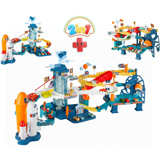 Set de Joaca Modular 2in1 TurboGalaxy® Circuit Auto Spatial cu Rulare Gravitationala, Lift Electric/Manual, 8 Masinute, Satelit 360°, Baza Spatiala, Lumini si Sunete, Parcare si Garaj, Harti si Indicatoare, Efecte Realiste, Multicolor