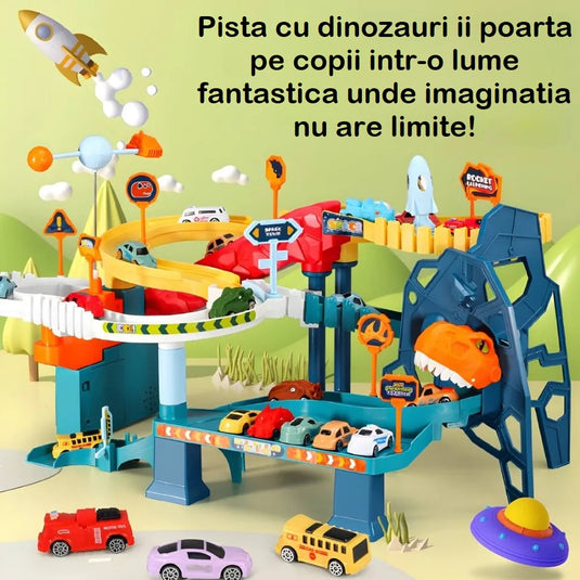 Set de Joaca Modular 2in1 TurboGalaxy® Circuit Auto Spatial cu Rulare Gravitationala, Lift Electric/Manual, 8 Masinute, Satelit 360°, Baza Spatiala, Lumini si Sunete, Parcare si Garaj, Harti si Indicatoare, Efecte Realiste, Multicolor