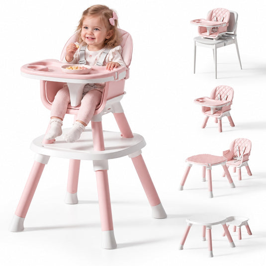 Scaun de Masa Bebe 7in1 ROVI™ MultiMod, Scaun Inalt, Booster, Scaun Jos, Masuta de Joaca, Activitati si Constructii, Tava Dubla cu 4 Pozitii, Centura de Siguranta, Design Anti-Rasturnare, Husa Moale Lavabila, 6 Luni-3 Ani, Muse Pink