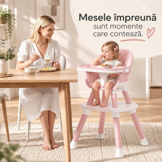 Scaun de Masa Bebe 7in1 ROVI™ MultiMod, Scaun Inalt, Booster, Scaun Jos, Masuta de Joaca, Activitati si Constructii, Tava Dubla cu 4 Pozitii, Centura de Siguranta, Design Anti-Rasturnare, Husa Moale Lavabila, 6 Luni-3 Ani, Muse Pink