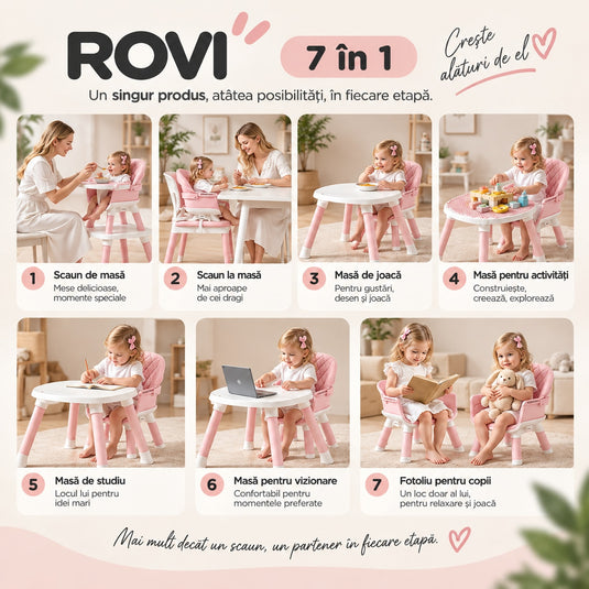 Scaun de Masa Bebe 7in1 ROVI™ MultiMod, Scaun Inalt, Booster, Scaun Jos, Masuta de Joaca, Activitati si Constructii, Tava Dubla cu 4 Pozitii, Centura de Siguranta, Design Anti-Rasturnare, Husa Moale Lavabila, 6 Luni-3 Ani, Muse Pink