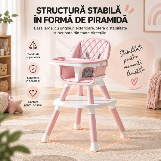 Scaun de Masa Bebe 7in1 ROVI™ MultiMod, Scaun Inalt, Booster, Scaun Jos, Masuta de Joaca, Activitati si Constructii, Tava Dubla cu 4 Pozitii, Centura de Siguranta, Design Anti-Rasturnare, Husa Moale Lavabila, 6 Luni-3 Ani, Muse Pink
