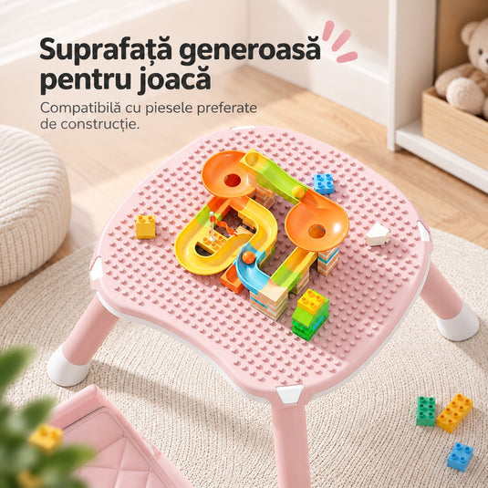 Scaun de Masa Bebe 7in1 ROVI™ MultiMod, Scaun Inalt, Booster, Scaun Jos, Masuta de Joaca, Activitati si Constructii, Tava Dubla cu 4 Pozitii, Centura de Siguranta, Design Anti-Rasturnare, Husa Moale Lavabila, 6 Luni-3 Ani, Muse Pink