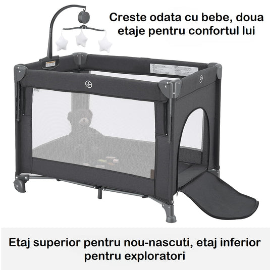 Patut Pliabil Co-Sleeper Kiddo™ HUG Laterala Glisanta Max Confort 2 Etaje, Tarc de Joaca, Plasa 360° Airflow View, Carusel Muzical Detasabil, Saltea Moale, Design Ranforsat, Intrare cu Fermoar, Roti Transport, Geanta Transport, Dark Grey