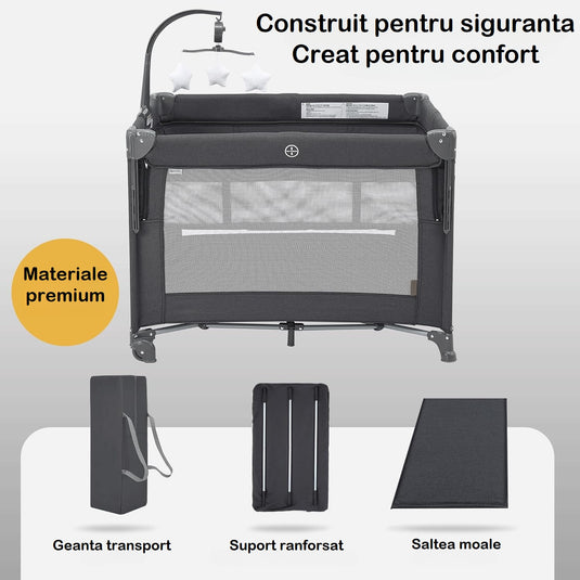 Patut Pliabil Co-Sleeper Kiddo™ HUG Laterala Glisanta Max Confort 2 Etaje, Tarc de Joaca, Plasa 360° Airflow View, Carusel Muzical Detasabil, Saltea Moale, Design Ranforsat, Intrare cu Fermoar, Roti Transport, Geanta Transport, Dark Grey