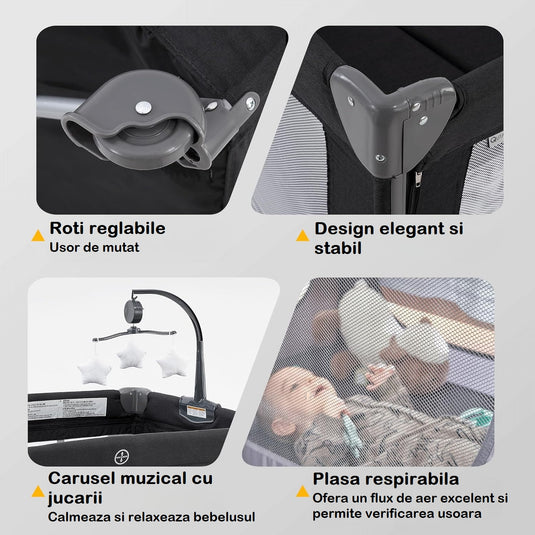 Patut Pliabil Co-Sleeper Kiddo™ HUG Laterala Glisanta Max Confort 2 Etaje, Tarc de Joaca, Plasa 360° Airflow View, Carusel Muzical Detasabil, Saltea Moale, Design Ranforsat, Intrare cu Fermoar, Roti Transport, Geanta Transport, Dark Grey