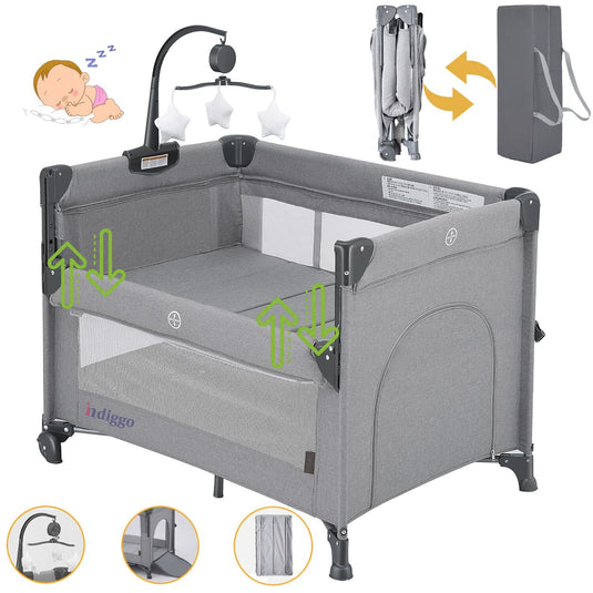 Patut Pliabil Co-Sleeper Kiddo™ HUG Laterala Glisanta Max Confort 2 Etaje, Tarc de Joaca, Plasa 360° Airflow View, Carusel Muzical Detasabil, Saltea Moale, Design Ranforsat, Intrare cu Fermoar, Roti Transport, Geanta Transport, Dark Grey