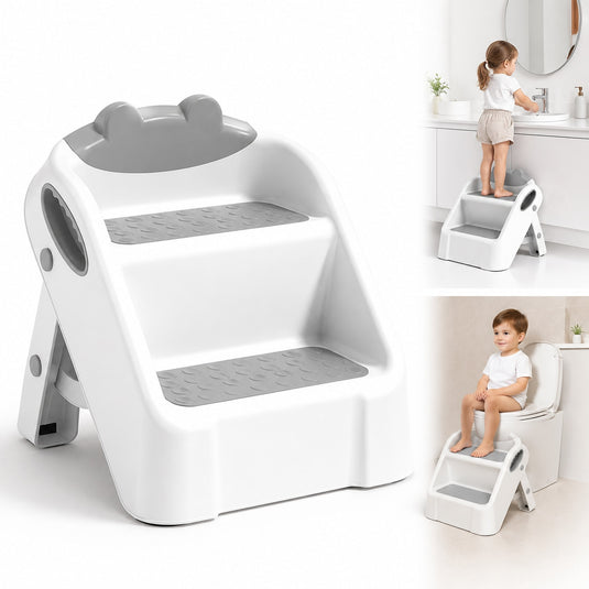 Scarita pentru Copii STEPSY™ Stability+ cu Doua Trepte Antialunecare, Pliabila, Manere Laterale pentru Prindere, Ajutor pentru Chiuveta, Toaleta, Bucatarie, Compacta, Capacitate 68 Kg, Teddy Grey
