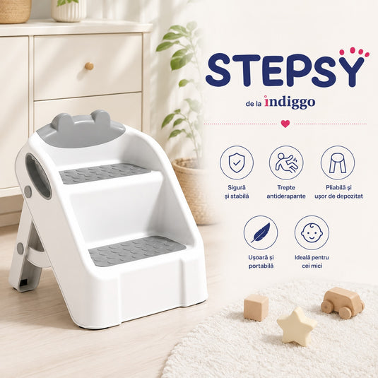 Scarita pentru Copii STEPSY™ Stability+ cu Doua Trepte Antialunecare, Pliabila, Manere Laterale pentru Prindere, Ajutor pentru Chiuveta, Toaleta, Bucatarie, Compacta, Capacitate 68 Kg, Teddy Grey
