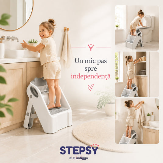 Scarita pentru Copii STEPSY™ Stability+ cu Doua Trepte Antialunecare, Pliabila, Manere Laterale pentru Prindere, Ajutor pentru Chiuveta, Toaleta, Bucatarie, Compacta, Capacitate 68 Kg, Teddy Grey