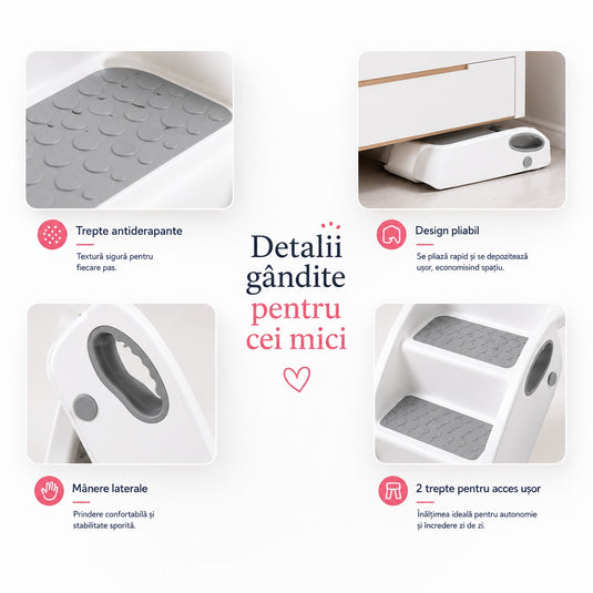 Scarita pentru Copii STEPSY™ Stability+ cu Doua Trepte Antialunecare, Pliabila, Manere Laterale pentru Prindere, Ajutor pentru Chiuveta, Toaleta, Bucatarie, Compacta, Capacitate 68 Kg, Teddy Grey