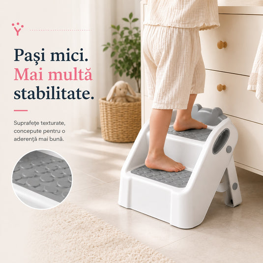 Scarita pentru Copii STEPSY™ Stability+ cu Doua Trepte Antialunecare, Pliabila, Manere Laterale pentru Prindere, Ajutor pentru Chiuveta, Toaleta, Bucatarie, Compacta, Capacitate 68 Kg, Teddy Grey