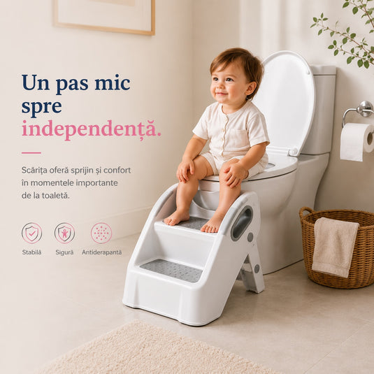 Scarita pentru Copii STEPSY™ Stability+ cu Doua Trepte Antialunecare, Pliabila, Manere Laterale pentru Prindere, Ajutor pentru Chiuveta, Toaleta, Bucatarie, Compacta, Capacitate 68 Kg, Teddy Grey