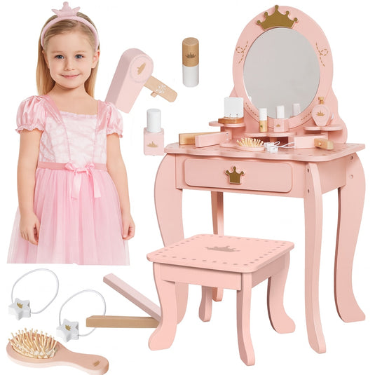 Masuta de Machiaj pentru Fetite, BellePrincesse, KinderVibe™, din Lemn Ecologic, cu Scaunel, Oglinda si Sertar, Accesorii, Margini Rotunjite, 93CM Inaltime, Golden Rose