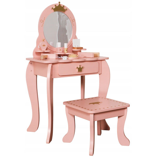 Masuta de Machiaj pentru Fetite, BellePrincesse, KinderVibe™, din Lemn Ecologic, cu Scaunel, Oglinda si Sertar, Accesorii, Margini Rotunjite, 93CM Inaltime, Golden Rose