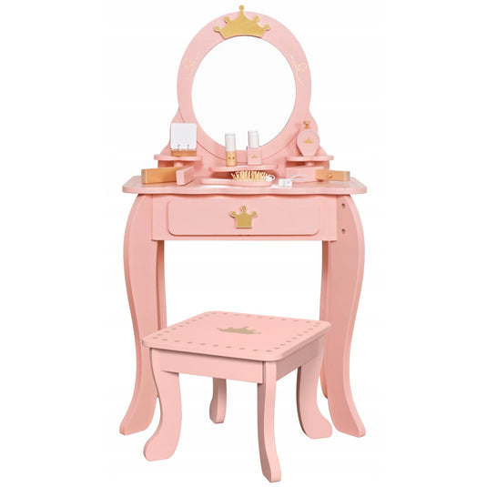 Masuta de Machiaj pentru Fetite, BellePrincesse, KinderVibe™, din Lemn Ecologic, cu Scaunel, Oglinda si Sertar, Accesorii, Margini Rotunjite, 93CM Inaltime, Golden Rose