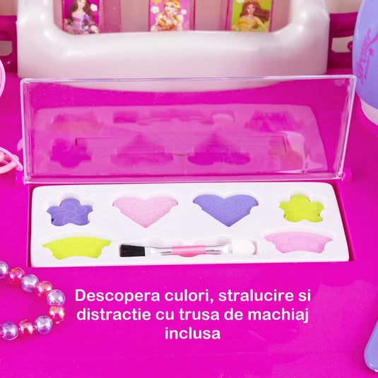 Masuta de Machiaj pentru Fetite, JOLIE CHIC, Oglinda, Uscator, Accesorii Superbe, Sunete si Lumini, Roz/Mov