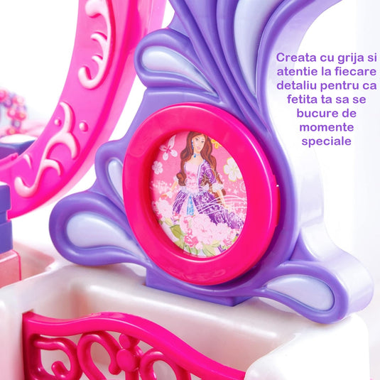 Masuta de Machiaj pentru Fetite, JOLIE CHIC, Oglinda, Uscator, Accesorii Superbe, Sunete si Lumini, Roz/Mov
