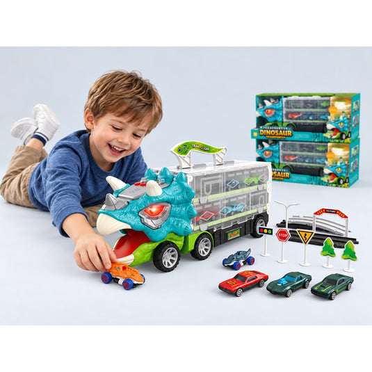 Set de Joaca 2in1 Camion Transportator Dinozaur Triceratops Indiggo®, Pista Auto Extensibila 155 cm, 6 Masinute, Lumini si Muzica, Semne Rutiere si Accesorii, Spatiu de Depozitare, Joc de Rol, 3 Ani+, Turcoaz-Verde