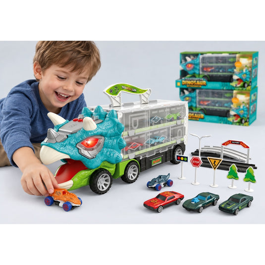 Set de Joaca 2in1 Camion Transportator Dinozaur Triceratops Indiggo®, Pista Auto Extensibila 155 cm, 6 Masinute, Lumini si Muzica, Semne Rutiere si Accesorii, Spatiu de Depozitare, Joc de Rol, 3 Ani+, Turcoaz-Verde