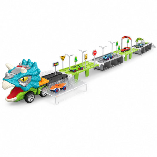 Set de Joaca 2in1 Camion Transportator Dinozaur Triceratops Indiggo®, Pista Auto Extensibila 155 cm, 6 Masinute, Lumini si Muzica, Semne Rutiere si Accesorii, Spatiu de Depozitare, Joc de Rol, 3 Ani+, Turcoaz-Verde