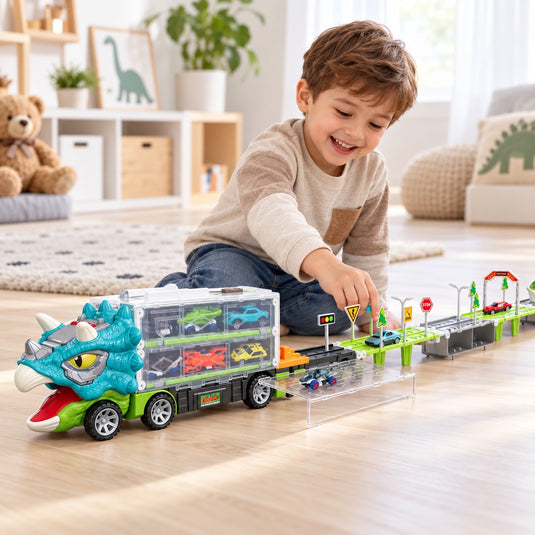 Set de Joaca 2in1 Camion Transportator Dinozaur Triceratops Indiggo®, Pista Auto Extensibila 155 cm, 6 Masinute, Lumini si Muzica, Semne Rutiere si Accesorii, Spatiu de Depozitare, Joc de Rol, 3 Ani+, Turcoaz-Verde