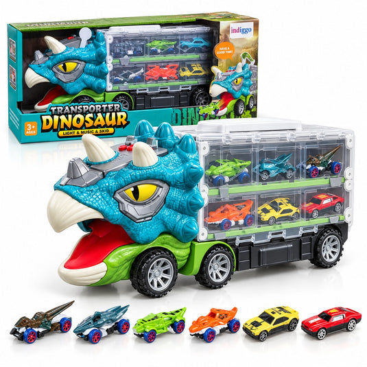 Set de Joaca 2in1 Camion Transportator Dinozaur Triceratops Indiggo®, Pista Auto Extensibila 155 cm, 6 Masinute, Lumini si Muzica, Semne Rutiere si Accesorii, Spatiu de Depozitare, Joc de Rol, 3 Ani+, Turcoaz-Verde