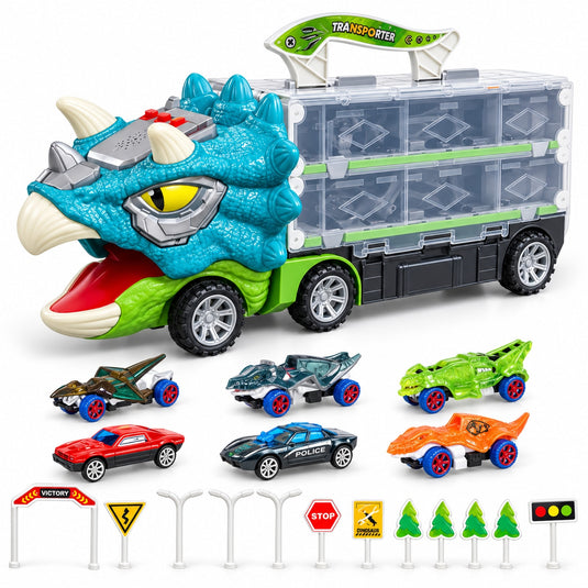 Set de Joaca 2in1 Camion Transportator Dinozaur Triceratops Indiggo®, Pista Auto Extensibila 155 cm, 6 Masinute, Lumini si Muzica, Semne Rutiere si Accesorii, Spatiu de Depozitare, Joc de Rol, 3 Ani+, Turcoaz-Verde